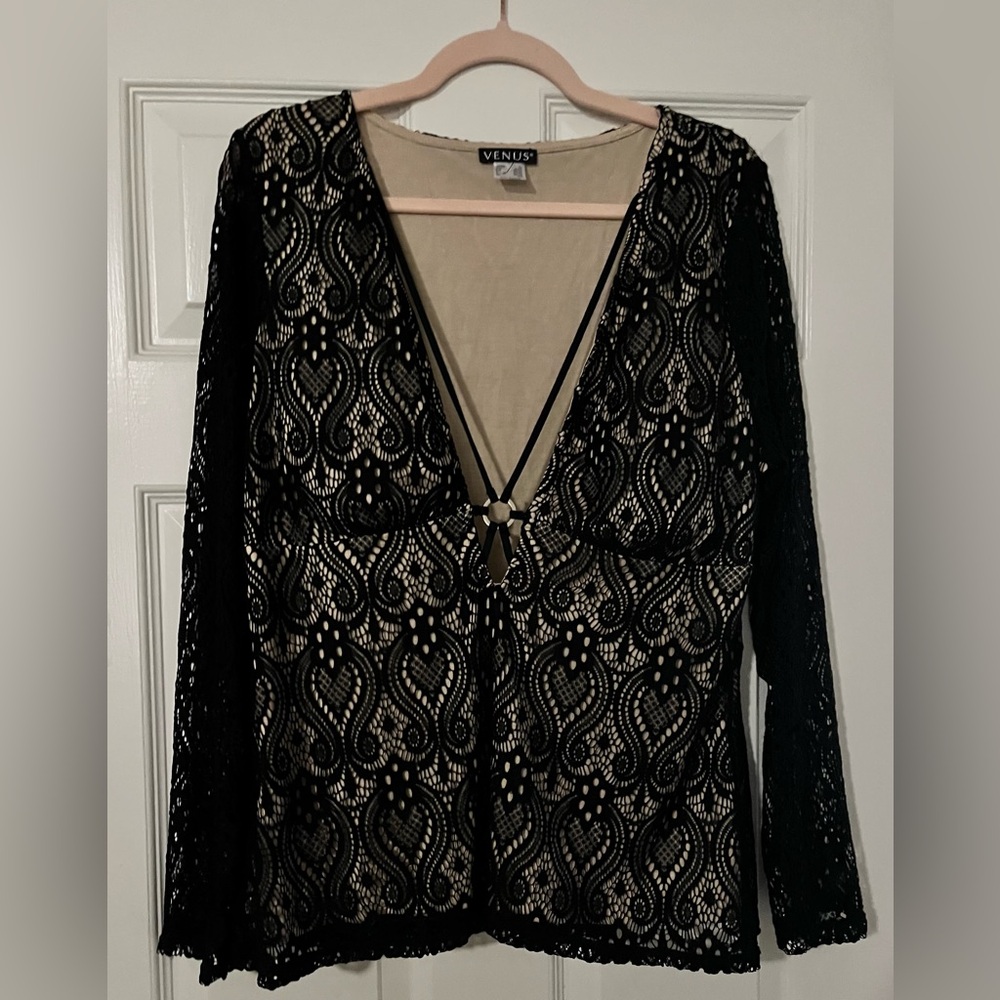 Black Lace Whimsigoth Fairy Grunge Top XL O-Ring Detail